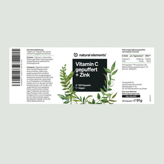 Etikett für "natural elements" Vitamin C und Zink Ergänzung, 120 vegane Kapseln. Deutsche Zutatenliste, inklusive Blattabbildungen.