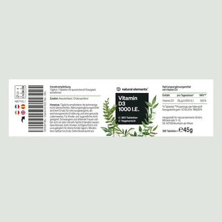 Label für "natural elements" Vitamin D3 1000 I.E., 365 vegetarische Tabletten, Details, Zutaten und Anwendung auf Deutsch.