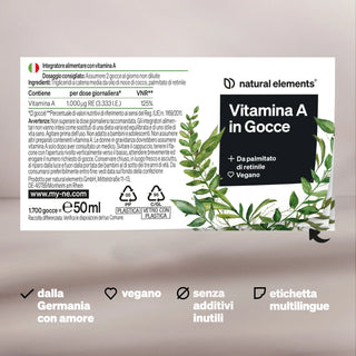 Scatola di Natural Elements Vitamina A Gocce, 50ml, etichettato come vegano, senza additivi inutili, multilingue e made in Germany. Design a foglia verde e informazioni sul prodotto in italiano.
