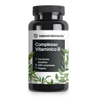 Una bottiglia nera Natural Elements Complesso Vitaminico B con etichetta bianca, contenente 240 compresse vegane e bioattive, decorata con illustrazioni di foglie verdi.