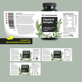 Vitamin B Komplex von Natural Elements, mit mehrsprachigem, ausklappbarem Etikett und Blattillustrationen.
