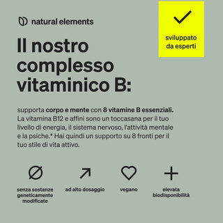 Etichetta prodotto in italiano: integratore complesso vitamina B, 8 vitamine essenziali, vegan, naturale, non OGM.