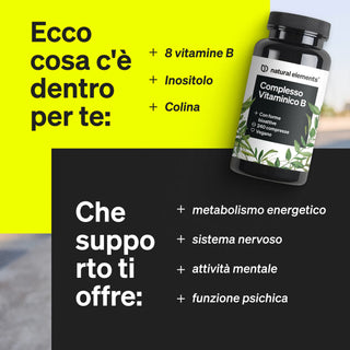 Una bottiglia dell'integratore alimentare "Complesso Vitaminico B" viene mostrata insieme a un testo italiano che evidenzia gli ingredienti e i benefici per l'energia, il sistema nervoso e l'attività mentale.
