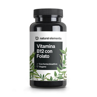 Una fialetta nera con la scritta “Vitamina B12 con Folato” di Natural Elements, con illustrazioni di foglie verdi e il testo che indica che è bioattivo e vegano.