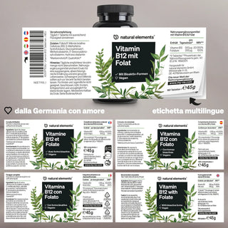 Una bottiglia di Natural Elements Vitamina B12 con Acido Folico, con etichette multilingue in cinque lingue e informazioni dettagliate sull'integratore alimentare.