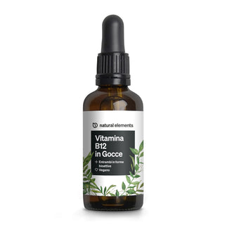 Un flacone contagocce in vetro marrone con l'etichetta 'Vitamina B12 in Gocce' di Natural Elements, con un'etichetta bianca con illustrazioni di foglie verdi.