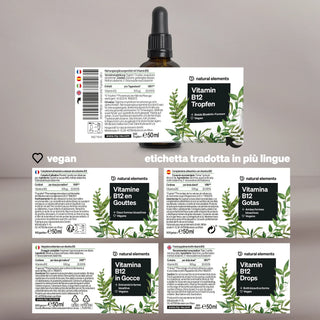 Vitamin B12 Tropfen Flasche mit sechs multilingualen Etiketten, alle mit veganem Hinweis, grünen Blättern und Naturelementen.