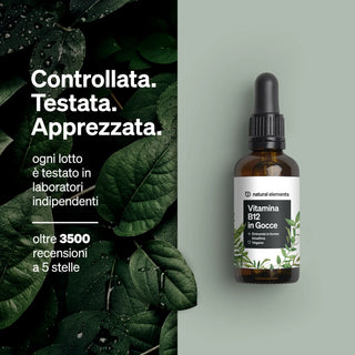 Natural Elements Vitamin B12 Tropfen mit Pipette und italienischem Text zu Produkttests und Bewertungen.