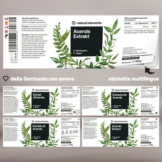 Immagine della confezione delle capsule vegane "Acerola Extrakt" di Natural Elements, con l'etichetta principale tedesca e versioni multilingue più piccole in francese, italiano e spagnolo.