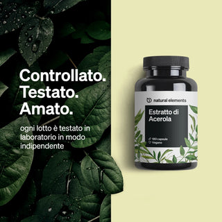 Estratto di Acerola-Kapseln von Natural Elements, die die unabhängigen Labortests der Marke hervorheben.