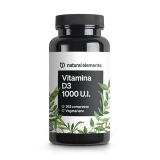 Beschriftung "natural elements Vitamina D3 1000 U.I." mit grüner Blattgrafik. Highlights 365 vegetarische Tabletten.