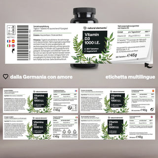 Una bottiglia di natural elements Vitamina D3 1000 UI con etichette multilingue in tedesco, francese, italiano e spagnolo, contenente le informazioni nutrizionali e le istruzioni per l'uso.