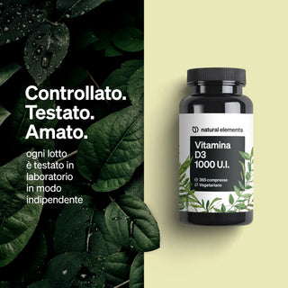 Eine Dosis natural elements Vitamin D3 1000 U.I. mit italienischen Produktinformationen.