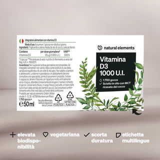 Natural Elements Vitamina D3 1000 U.I. Ergänzungspackung mit Branding, Illustrationen von grünen Blättern und Symbolen für die wichtigsten Eigenschaften.