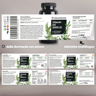 Vitamin D3 2000 I.E. Tabletten mit mehrsprachigen Etiketten, Zutatenliste und Pflanzengrafik.