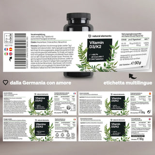 Bottiglia nera di Vitamina D3/K2 di Natural Elements con etichettatura multilingue, istruzioni per il dosaggio, ingredienti e informazioni nutrizionali su sfondo bianco.