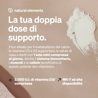 Italienischer Text zur Förderung der Vitamine D3 und K2, die die Gesundheit der Knochen, des Immunsystems, der Muskeln und der Zellen unterstützen, wobei die natürlichen Vorteile hervorgehoben werden.