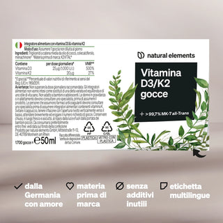 Label der Vitamina D3/K2-Tropfen von natural elements mit Produktinfos, Icons und Blattmotiven.