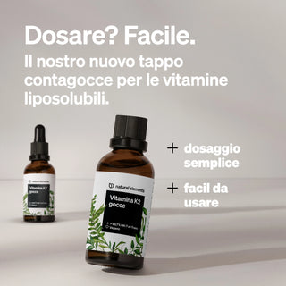 Vitamina K2 gocce von Natural Elements mit italienischem Text zu einfacher Anwendung und natürlichen Inhaltsstoffen.