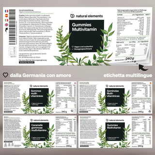 Design dell'etichetta per "Natural Elements Gummies Multivitamin" con elenco ingredienti, informazioni nutrizionali e dettagli di imballaggio multilingue, decorato con foglie verdi.