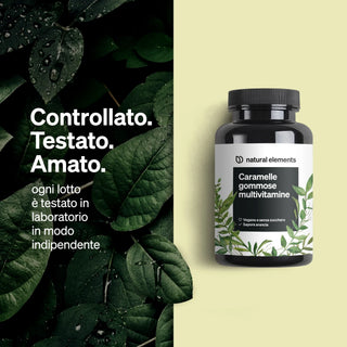 Multivitamin-Gummis von Natural Elements mit italienischem Text, der unabhängige Labortests hervorhebt.