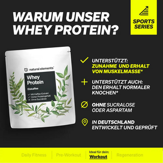 Auf schwarzem Hintergrund ist ein weißer Beutel mit Natural Elements Whey Protein abgebildet, auf dem der Text Vorteile wie Muskelaufbau, kein Aspartam und deutsche Entwicklung und Prüfung hervorhebt.