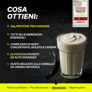 Ein Vanille-Protein-Shake mit einer Vanilleschote, die den Proteingehalt, die Aminosäuren, die Molkenmischung, 33 Portionen und den natürlichen Geschmack hervorhebt.