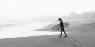 Una persona che cammina in spiaggia con una tavola da surf, circondata da elementi naturali.