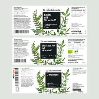 Drei Supplement-Etiketten mit pflanzlichen Illustrationen, Produktnamen, Zutaten, Anwendung und Siegeln auf Deutsch.