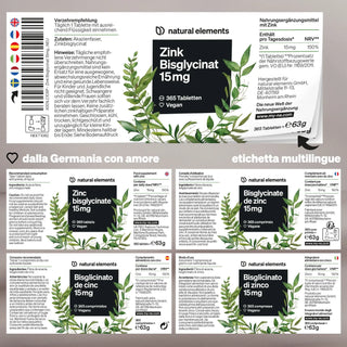 Confezione del prodotto per le compresse Natural Elements Zinco Bisglicinato 15mg con informazioni su ingredienti e dosaggio in più lingue, foglie verdi decorative e uno sfondo bianco.