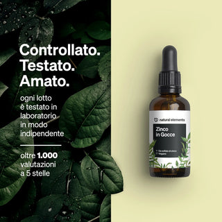 Eine Tropfflasche mit der Aufschrift "Zinco in Gocce" von Natural Elements mit italienischem Text über Labortests und Kundenbewertungen.