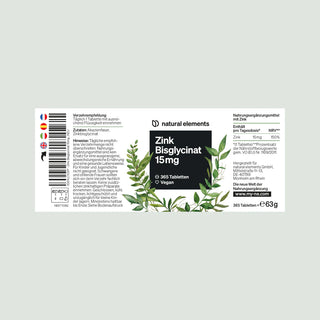 Zink Bisglycinat 15mg Supplement, 365 vegane Tabletten, mit Zutatenliste, Einnahmehinweisen und Blatt-Illustrationen.