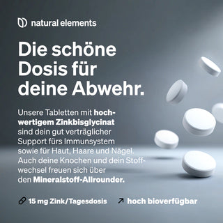 Eine Werbegrafik für Natural Elements Zink-Tabletten, Immunsupport auf Deutsch, Tabletten schweben elegant.