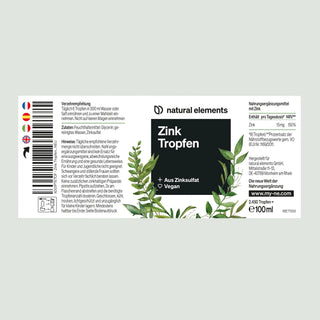 Produktlabel "Zink Tropfen" von natural elements mit Zutaten, Anwendungshinweisen, Vegan-Siegel und grünen Blätter-Grafiken.