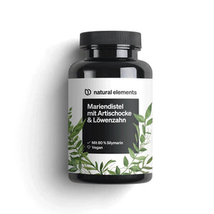 Una bottiglia di capsule di Cardo Mariano con Carciofo e Tarassaco di NATURAL ELEMENTS, arricchite con composti vegetali secondari.
